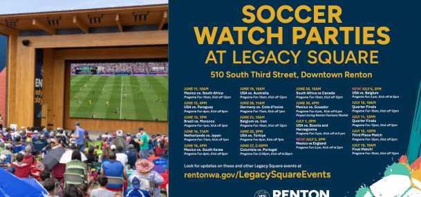 Soccer watch party at Legacy Square in downtown Renton featuring fans gathered outdoors to view a live match on a large video screen, alongside an event schedule for upcoming soccer watch parties.