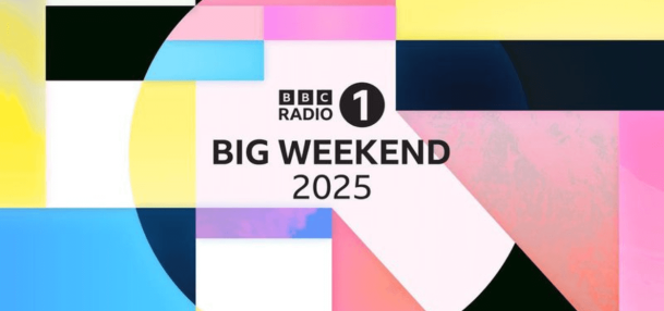 A poster for Big Weekend which has different blocks of colour in yellow, pink, blue and black. It says BBC Radio 1 Big Weekend 2025.