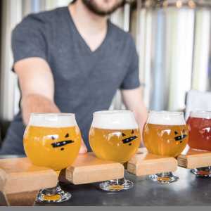 The beer flight craft beer selection at Bandit Brewery, in Toronto's Roncesvalles neighbourhood