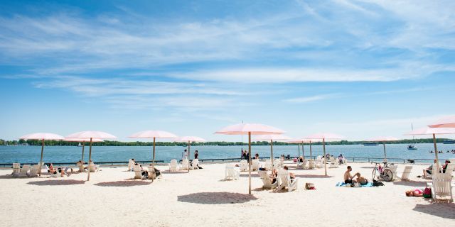The umbrellas at Sugar Beach in Toronto's waterfront in summer