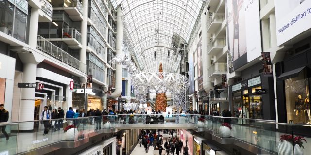 Holiday lights and decor inside the Toronto Eaton Centre in winter