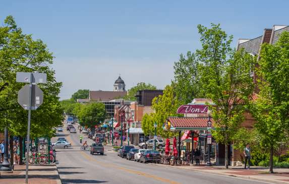 Downtown Bloomington view of Kirkwood Avenue in the spring