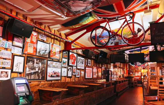 A dining area inside Nick's English Hut