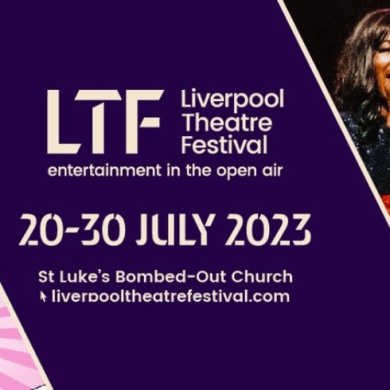 A poster for Liverpool Theatre Festival on a purple background with a collage of images of people performing.