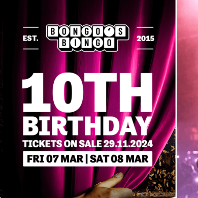 A graphic image of 10th Birthday for Bongos Bingo