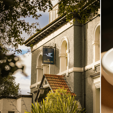 Two photos, one of the outside of the High Town Inn and another of a plate with a dessert on it.