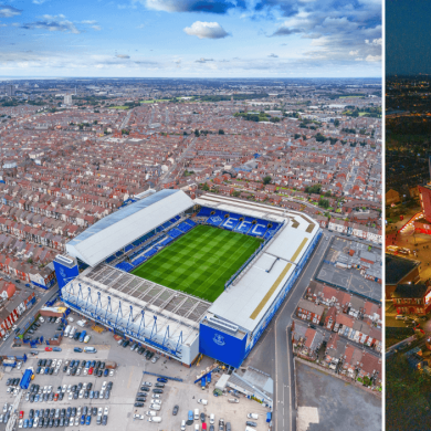 Goodison Park and Anfield Stadium football grounds taken from above.