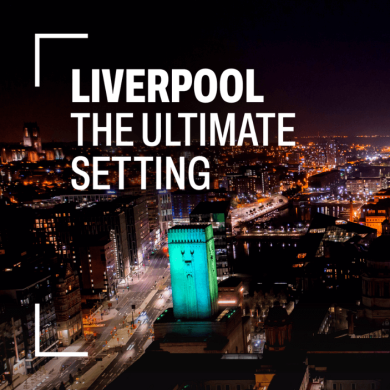 A drone shot of Liverpool at night