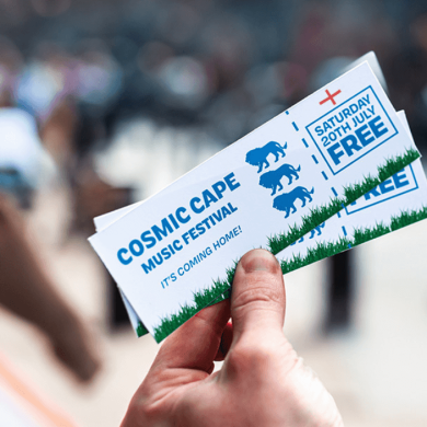 Two tickets for a music festival that say Cosmic Cape