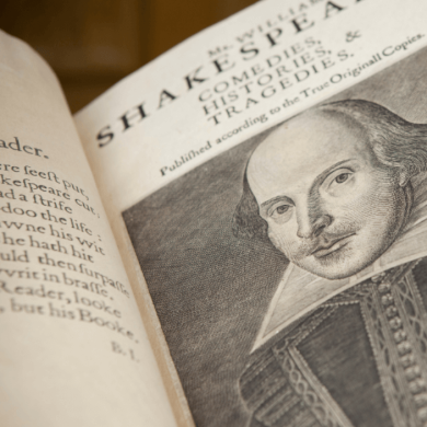 A book with a photo of shakespeare on.