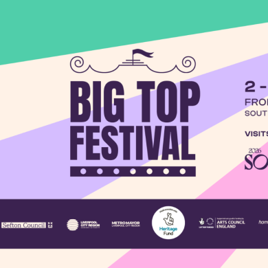 An asset for the Big Top festival in pruple text with different stripes coming from the right hand corner of the image.