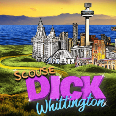 A man with a stick and hanky over his shoulder looking across to Liverpool. There is a purple Lambanana next to him and the words 'Scouse Dick Whittington' on the image.