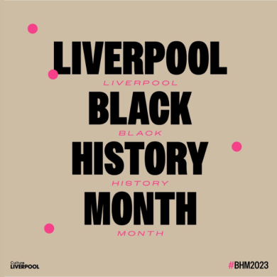 A graphic with Liverpool Black History Month written in large text on a light background.