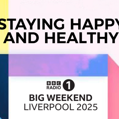 A graphic that says Staying Happy and Healthy with the Big Weekend Liverpool 2025 logo in black underneath, The background is different colours of pink, yellow and blue.