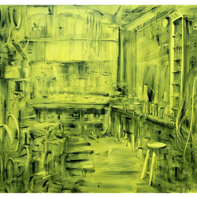 A painting in all green tones called Light Industry by Graham Crowley
