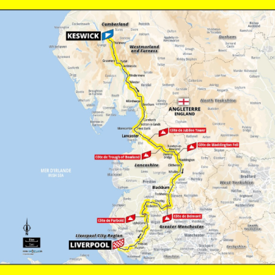 A map of the North West of England with a route running from Keswick to Liverpool as part of the Tour De France Grand Depart.