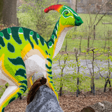 A green dinosaur made out of lego bricks.