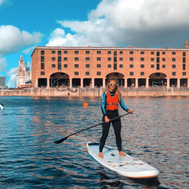 Two people on paddle boards on the Royal Albert Dock