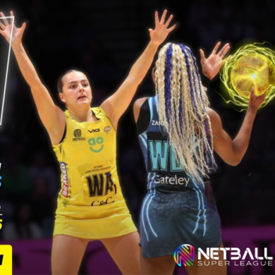 A poster for the Netball superleague with to players throwing a ball.