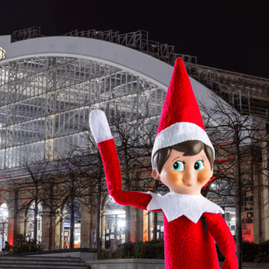 An elf on the shelf outside Liverpool Lime Street Station