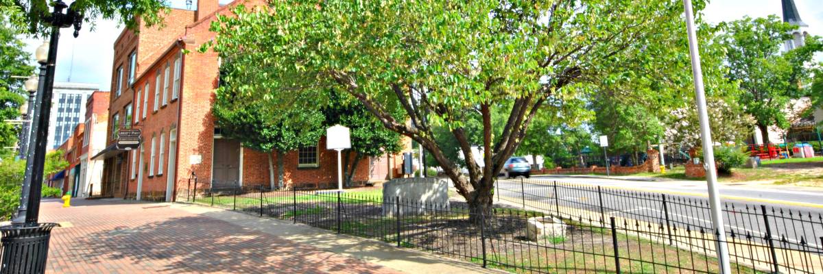 Liberty Point in downtown Fayetteville with historic brick buildings, trees, and a flagpole along the sidewalk.