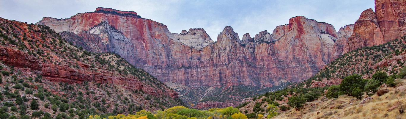 The multi-colored cliffs of the Towers of the Virgin in Zion National Park.