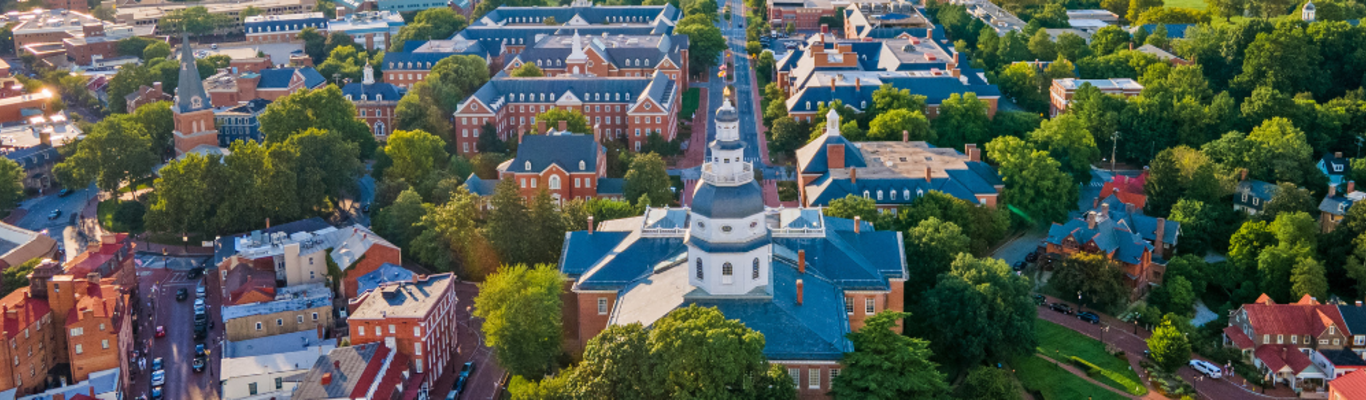 an aerial view of downtown Annapolis State House Dome