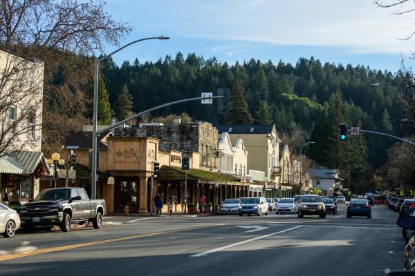 Calistoga locals go about their day against a beautiful mountain backdrop