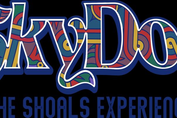 The letters of the logo for SkyDog The Shoals Experience festival is patterned  with colors of red, blue, golden yellow, green and purple.