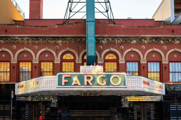 fargo theatre marquee sign from across the street.