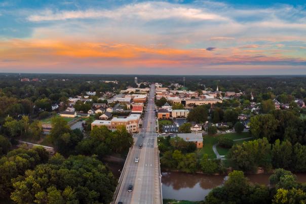 Downtown Smithfield North Carolina aerial shot at dawn.