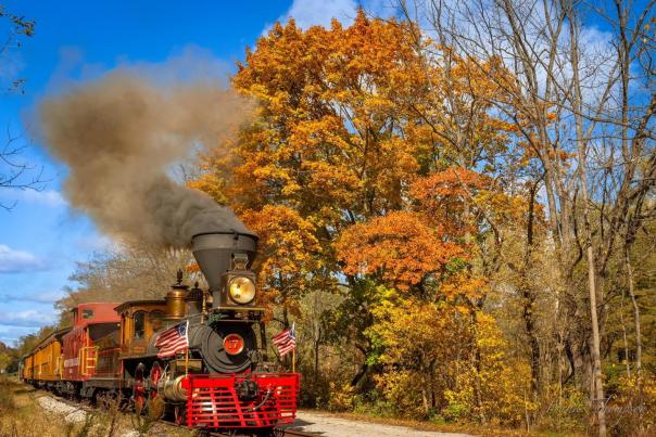 A locomotive train with fall foliage filled trees in the background