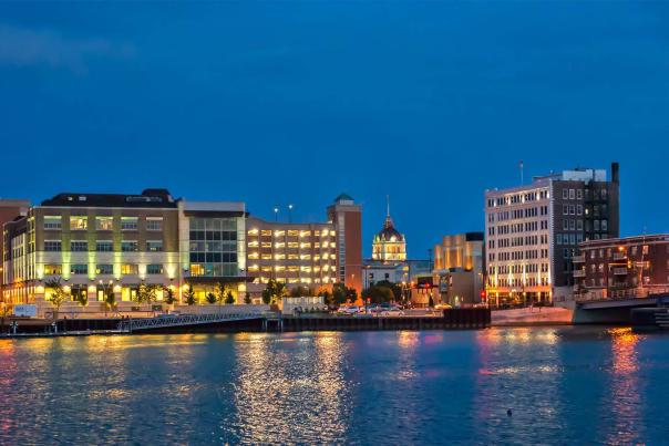 Night time view of Downtown Green Bay from western shore