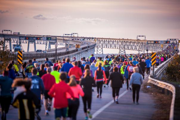 Runners running across the Chesapeake Bay Bridge