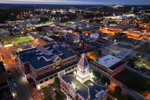 Drone shot of downtown Clarksville at dusk