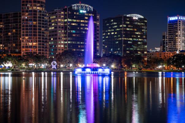 The fountain at Lake Eola in Downtown Orlando at night
