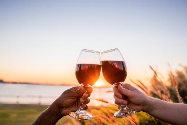 wine at sunset on Lake Charles Lakefront