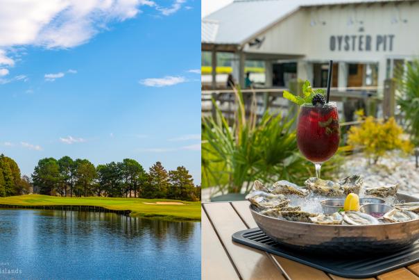 a split image of a golf course green surrounded by water and a plate of raw oysters and cocktail at a waterfront restaurant