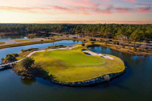 an aerial view of an island golf course green at Ocean Ridge Plantation.