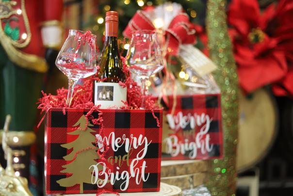 Merry and Bright red and white gift basket with bottle of wine and wine glasses