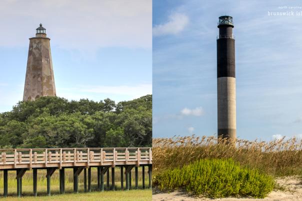 a split photo of an old stone lighthouse (Old Baldy) and a tri-colored concrete lighthouse (Oak Island Lighthouse)