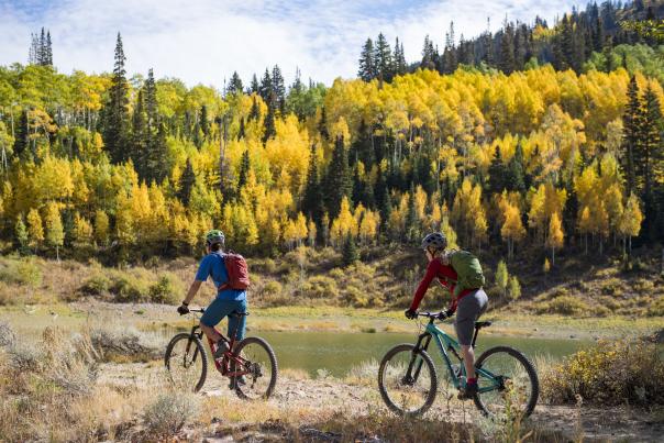 Two people mountain biking with fall foliage in background