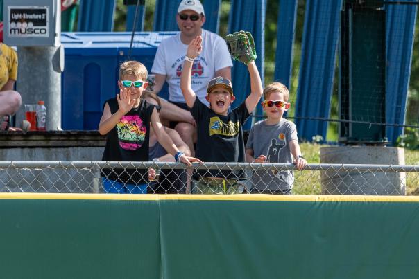 Three young white boys cheer with their arms up in the stands at a Madison Mallards baseball game.