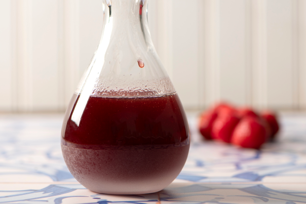 Glass container filled with red prickly pear syrup with prickly pears in the background on a white and blue table.