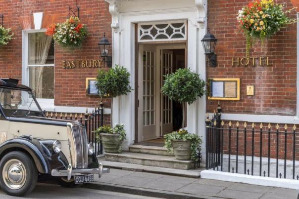 Exterior view and classic car outside The Eastbury Hotel & Spa at Sherborne, Dorset