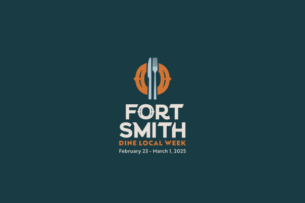 A logo that displays a knife and fork sitting on top of a plate is centered above the text "Fort Smith, Dine Local Week" the banner includes the event date as well.