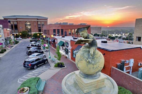 statue in historic downtown at sunset