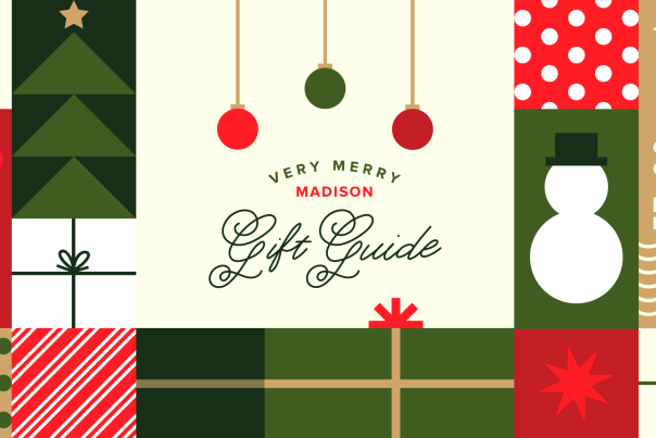 A graphic image of gifts and holiday patterns with the words Very Merry Madison Gift Guide in the middle