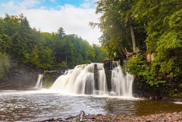 Manabezho Falls, located in the Upper Peninsula of Michigan.