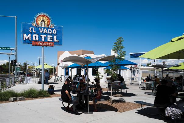 The sunny patio at El Vado Motel.
